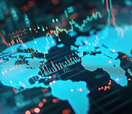 Das Bild zeigt eine digitale Weltkarte, überlagert mit Finanzgrafiken und Datenpunkten. Die Karte ist überwiegend blau, mit roten und grünen Linien für verschiedene Datenmetriken. Die Szene hat ein futuristisches, technisches Flair und der Hintergrund besteht aus Finanz- oder Börsendatenvisualisierungen.