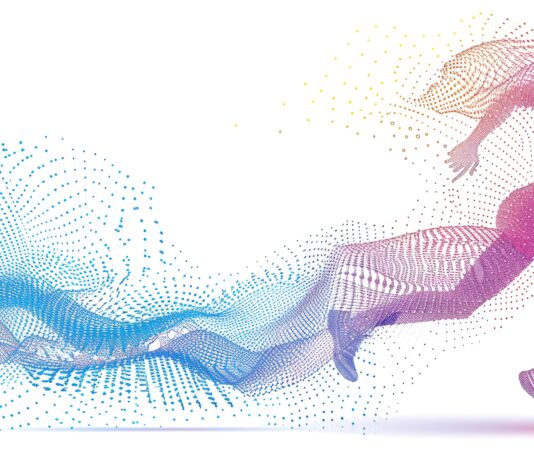 Symbolbild "Fortschritt". (A woman running with a trail of colorful dots behind her. Concept of motion and energy, as well as the idea of a dynamic and active lifestyle. Generated with AI. Copyright: AdriFerrer - stock.adobe.com