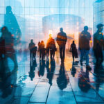 Pedestrians are Dressed Smartly. Successful People Walking in Downtown. Three businesswomen walking on the sidewalk business people crowd walking commuting in the city, lights and motion blur abstract