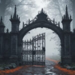 Misty Gothic Portal: Old Gothic Gate Enshrouded in Mist Within a Forest, Celebrating World Goth Day, Generative AI