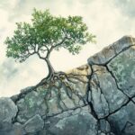 Watercolor depiction of a resilient tree growing from the cracks of a rugged stone on a mountainside, with light washes of green and gray. Copyright: Timeless Touch - stock.adobe.com