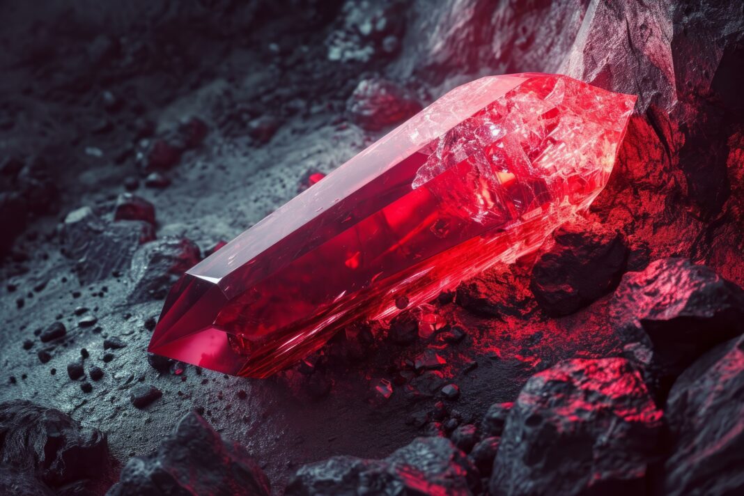 Brilliant red crystal glows amidst a shadowy rocky landscape, conjuring a sense of hidden treasure. Copyright: anatolir - stock.adobe.com