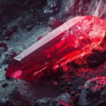 Brilliant red crystal glows amidst a shadowy rocky landscape, conjuring a sense of hidden treasure. Copyright: anatolir - stock.adobe.com