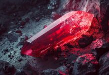 Brilliant red crystal glows amidst a shadowy rocky landscape, conjuring a sense of hidden treasure. Copyright: anatolir - stock.adobe.com