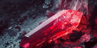 Brilliant red crystal glows amidst a shadowy rocky landscape, conjuring a sense of hidden treasure. Copyright: anatolir - stock.adobe.com