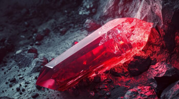 Brilliant red crystal glows amidst a shadowy rocky landscape, conjuring a sense of hidden treasure. Copyright: anatolir - stock.adobe.com