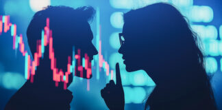 People exchanging secrets against a digital financial background, insider trading concept. Copyright: Imaging L - stock.adobe.com