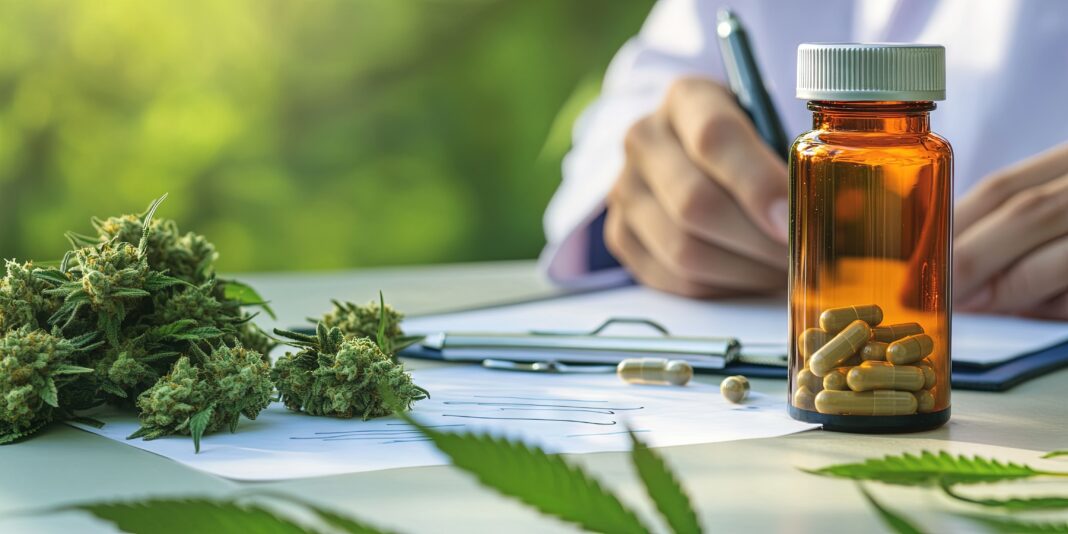 medical cannabis in an open bottle and capsule on a table, with marijuana leaves and buds nearby, Doctor writing on prescription. Copyright: Brian - stock.adobe.com